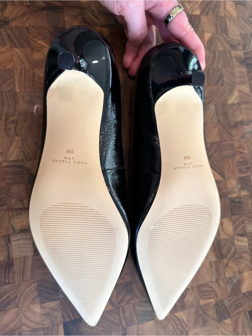 Marc Fisher LTD Cecile Pointed Toe Kitten Heel Pumps in Shiny Black Leather